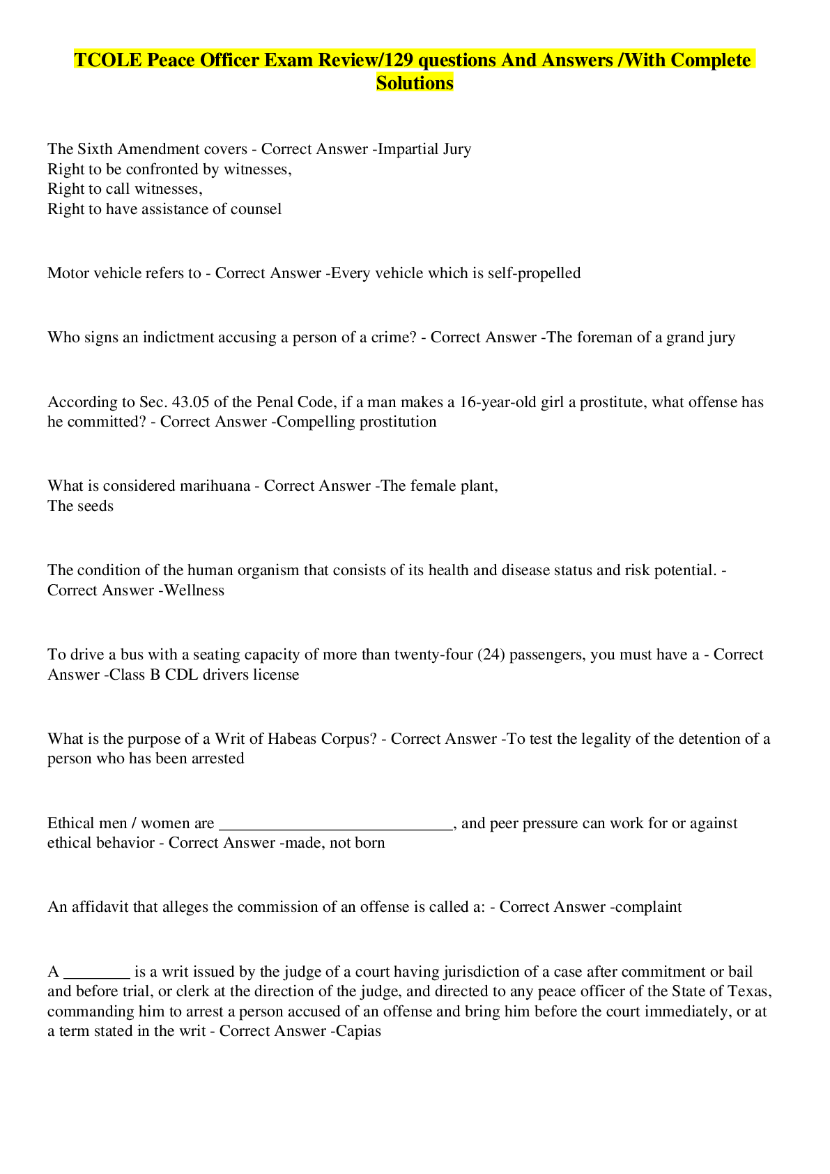 Preview image for TCOLE Peace Officer Exam Review/129 questions And Answers /With Complete Solutions